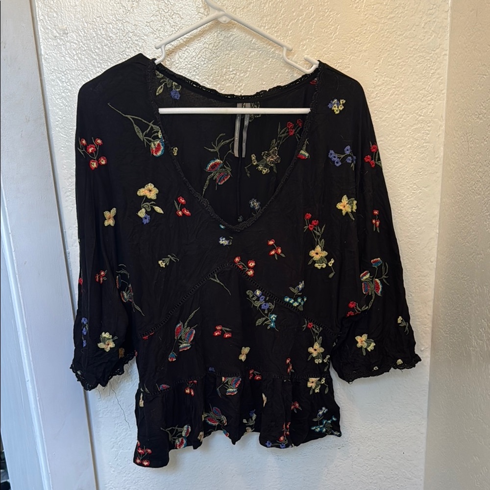 Floral Embroidered Black Top